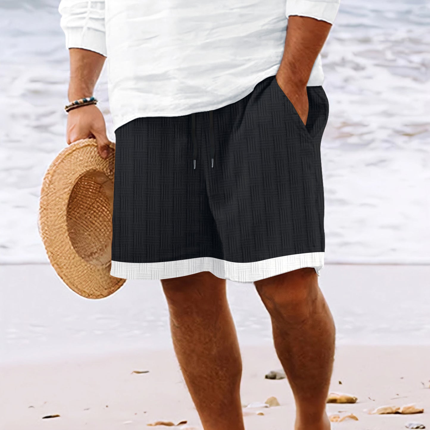 Men's Jacquard Mixed Color Stripe Drawstring Shorts