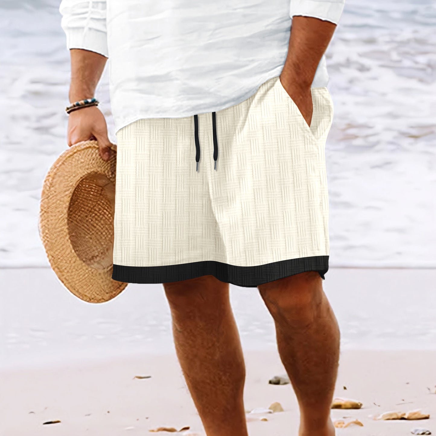 Men's Jacquard Mixed Color Stripe Drawstring Shorts